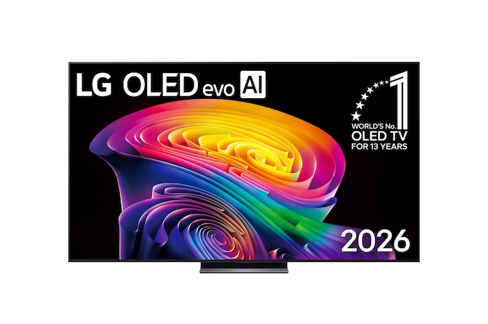 The front view of LG OLED evo AI C6, released in 2026, features a slim black bezel, with a vivid, sculpted swirl of layered rainbow tones flowing across the screen, along with the World's No.1 OLED TV for 13 Years badge.