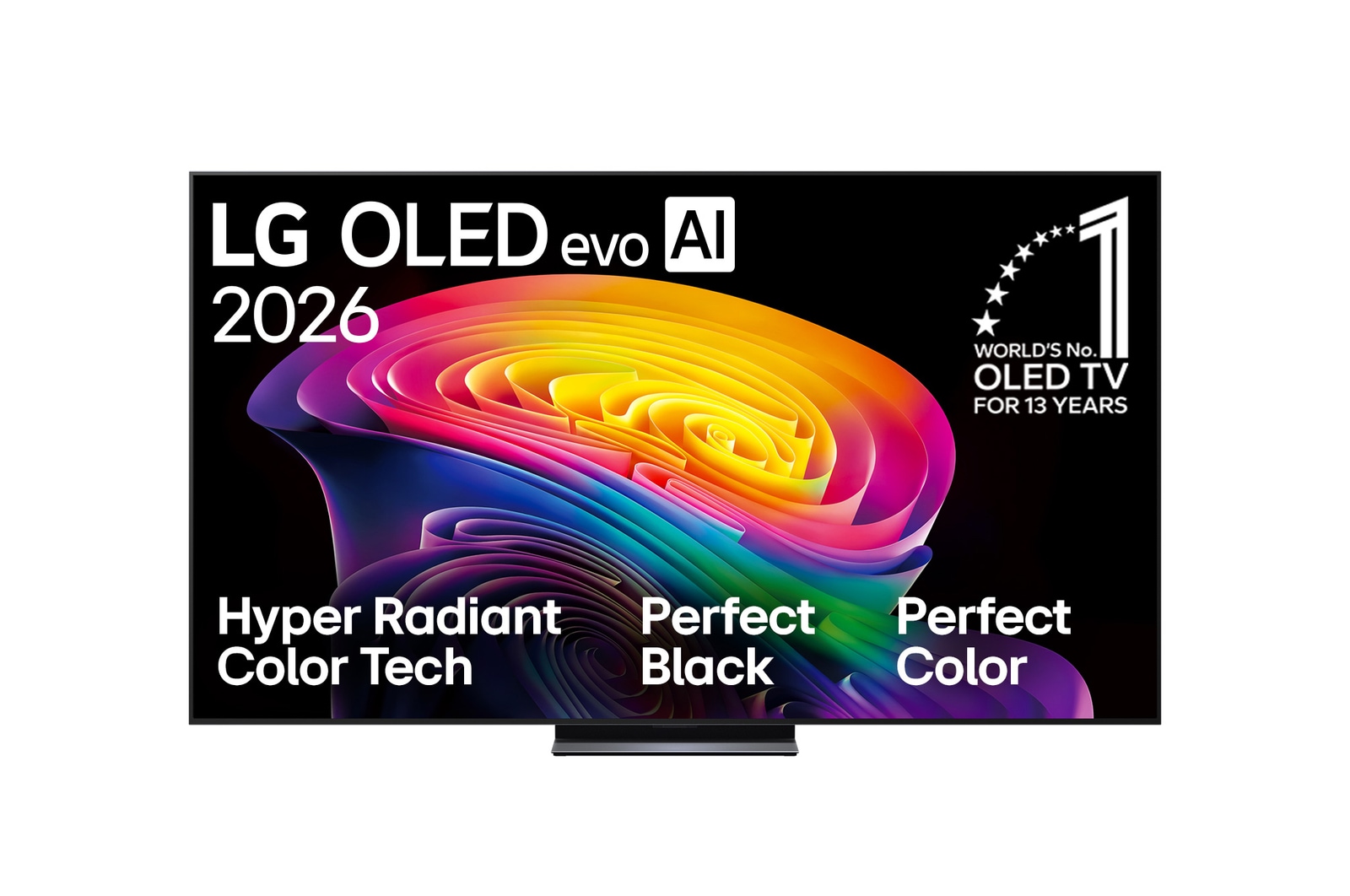 The front view of the LG OLED evo AI C6, released in 2026, displays an image of layered, multicolored forms, featuring Hyper Radiant Color Tech, Perfect Black & Perfect Color, along with the World’s No.1 OLED TV for 13 Years badge.