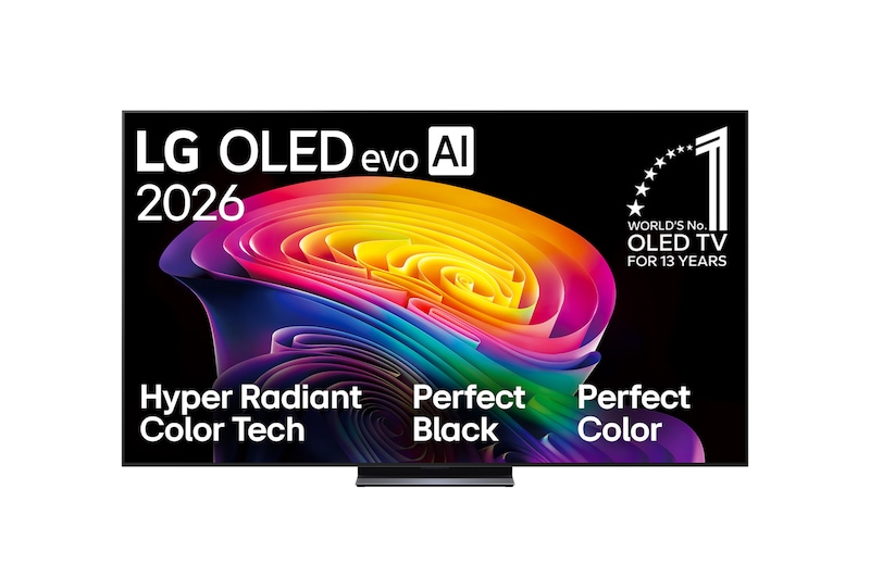 The front view of the LG OLED evo AI C6, released in 2026, displays an image of layered, multicolored forms, featuring Hyper Radiant Color Tech, Perfect Black & Perfect Color, along with the World’s No.1 OLED TV for 13 Years badge.