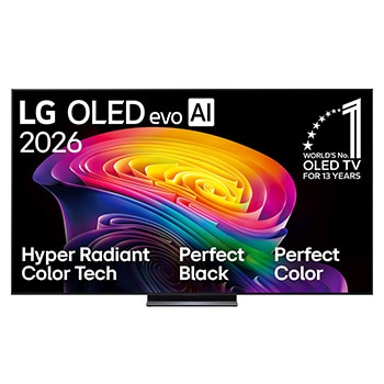 The front view of the LG OLED evo AI C6, released in 2026, displays an image of layered, multicolored forms, featuring Hyper Radiant Color Tech, Perfect Black & Perfect Color, along with the World’s No.1 OLED TV for 13 Years badge.