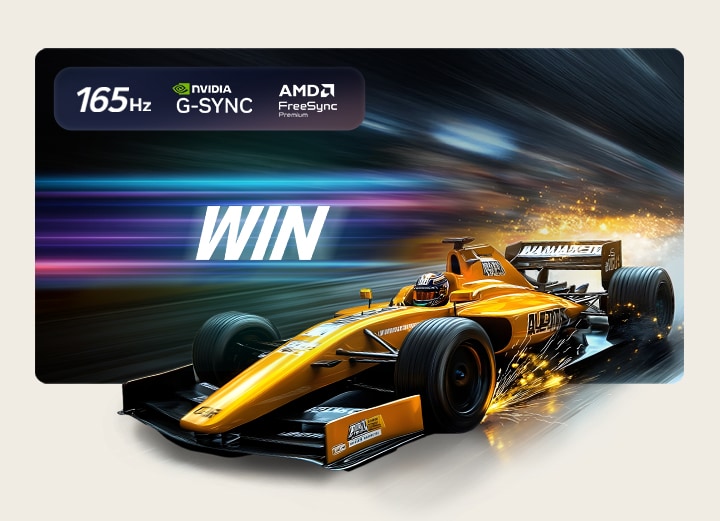 LG OLED evo AI G6 for Unbeatable Gameplay in 4K 165Hz shows a high-speed racing game with a yellow open-wheel car in motion, bold “WIN” text on screen, and NVIDIA G-SYNC and AMD FreeSync Premium logos at the top. 