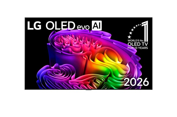 The front view of LG OLED evo AI G6, released in 2026, features a slim black bezel, with a vivid, sculptural image of richly layered, multicolored forms filling the screen.