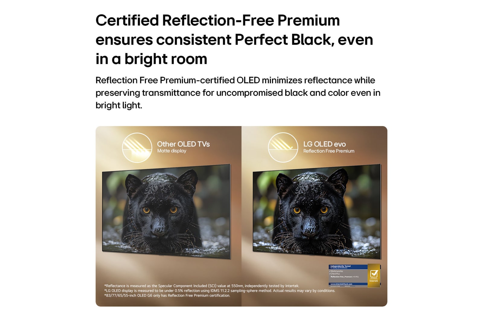 LG OLED evo AI G6 with Reflection Free Premium shows a side-by-side comparison against an anti-glare matte display, keeping the black jaguar image clear with deep blacks and fine texture, especially in bright environments, with an Intertek certification mark shown.