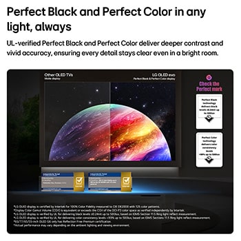LG OLED evo AI G6 shows a split-screen planet-and-stars scene, comparing an anti-glare matte display with its Perfect Black & Perfect Color display for clearer picture quality in any light, supported by UL certification and Intertek certifications for color accuracy and Reflection-Free.