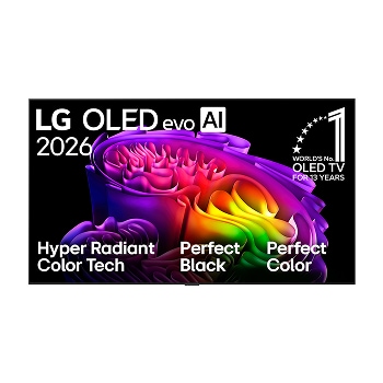 The front view of the LG OLED evo AI G6, released in 2026, displays an image of layered, multicolored forms, featuring Hyper Radiant Color Tech, Perfect Black & Perfect Color, along with the World’s No.1 OLED TV for 13 Years badge.