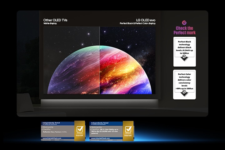 LG OLED evo AI W6 Wallpaper TV shows a split-screen planet-and-stars scene, comparing an anti-glare matte display with its Perfect Black & Perfect Color display for clearer picture quality in any light, supported by UL certification and Intertek certifications for color accuracy and Reflection-Free.