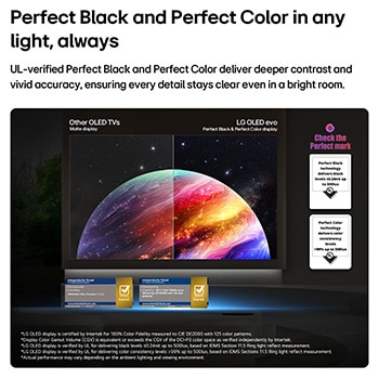 LG OLED evo AI W6 Wallpaper TV shows a split-screen planet-and-stars scene, comparing an anti-glare matte display with its Perfect Black & Perfect Color display for clearer picture quality in any light, supported by UL certification and Intertek certifications for color accuracy and Reflection-Free.