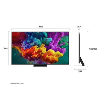 LG QNED evo AI QNED86 Mini LED shown in front and side views highlights a 65-inch display with a 1456 mm-wide screen, 840 mm screen height, 904 mm height with stand, a 29.7 mm slim profile depth, and a stand footprint measuring 1167/425 by 295 mm.