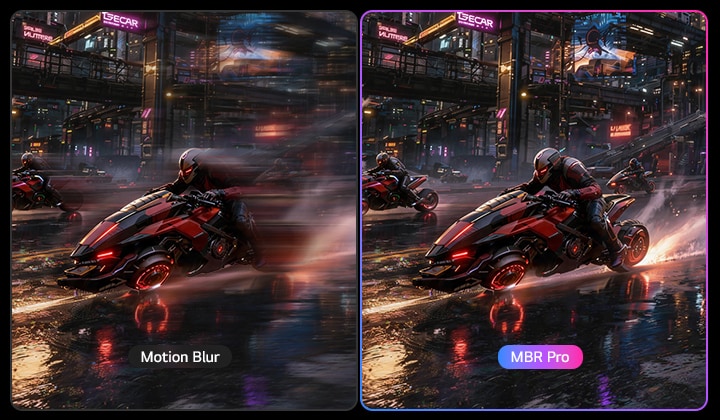 Technologia MBR (Motion Blur Reduction) Pro redukuje rozmycie ruchu poprzez skrócenie czasu utrzymywania obrazu na wyświetlaczu, zapewniając wyraźniejszy ruch podczas dynamicznej gry