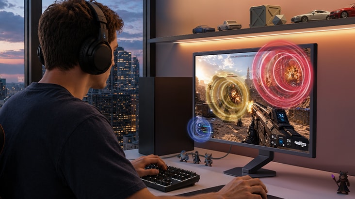 Monitor gamingowy UltraGear G5 (25G590B) oferuje funkcję AI Sound z separacją dźwięku i wirtualnym dźwiękiem 7.1.2-kanałowym, co gwarantuje imersyjną rozgrywkę