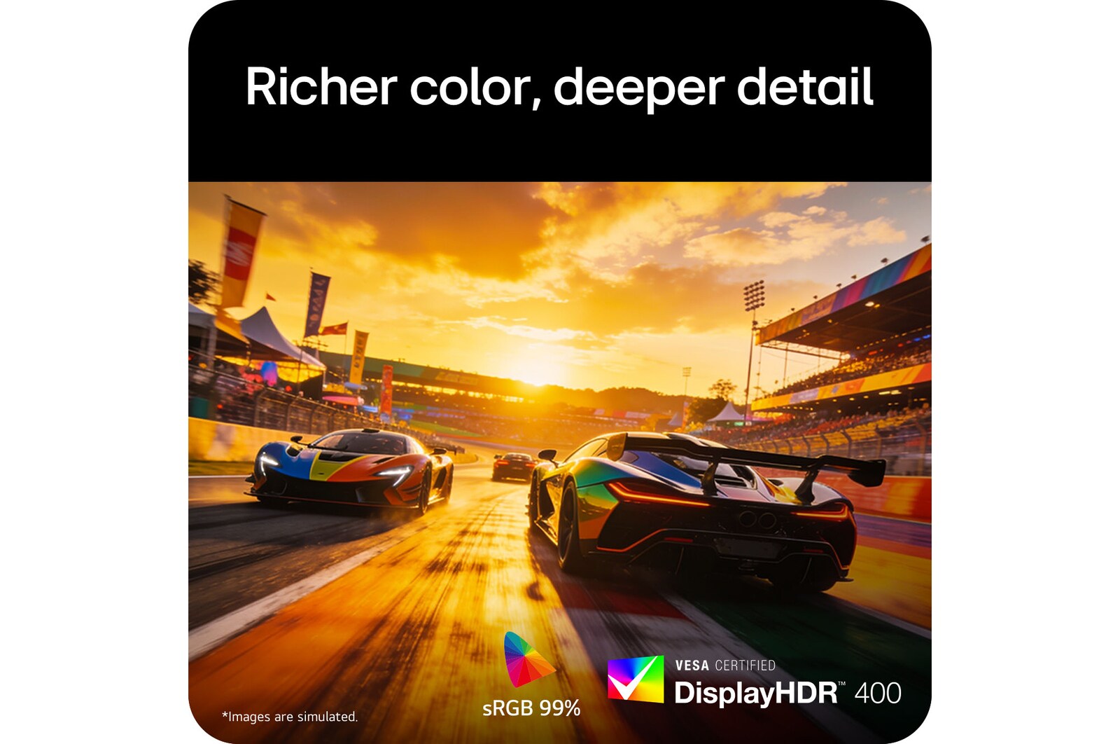 Wyświetlacz gamingowy z technologią VESA DisplayHDR™ 400 i sRGB 99% (typ.), zapewniający bogatsze kolory, głębsze szczegóły wizualne i lepszy kontrast