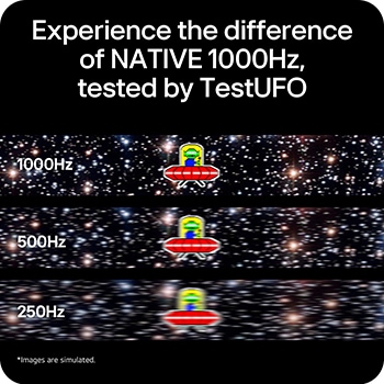 Test Blur Busters UFO porównujący natywne częstotliwości odświeżania 1000 Hz, 500 Hz i 250 Hz, pokazujący niezwykle czysty ruch przy 1000 Hz
