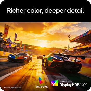 Wyświetlacz gamingowy z technologią VESA DisplayHDR™ 400 i sRGB 99% (typ.), zapewniający bogatsze kolory, głębsze szczegóły wizualne i lepszy kontrast
