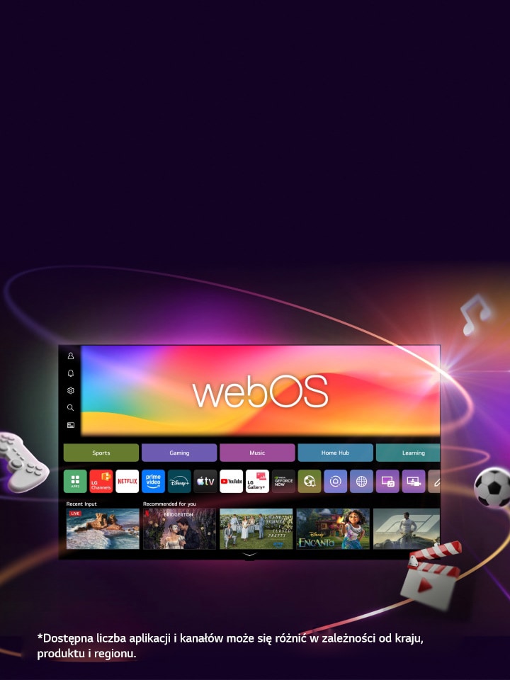 LG Smart TV z ekranem głównym webOS wyświetlającym aplikacje rozrywkowe i interfejs LG Channels, który dynamicznie się rozwija, prezentując ponad 4000 globalnych aplikacji i kanałów.
