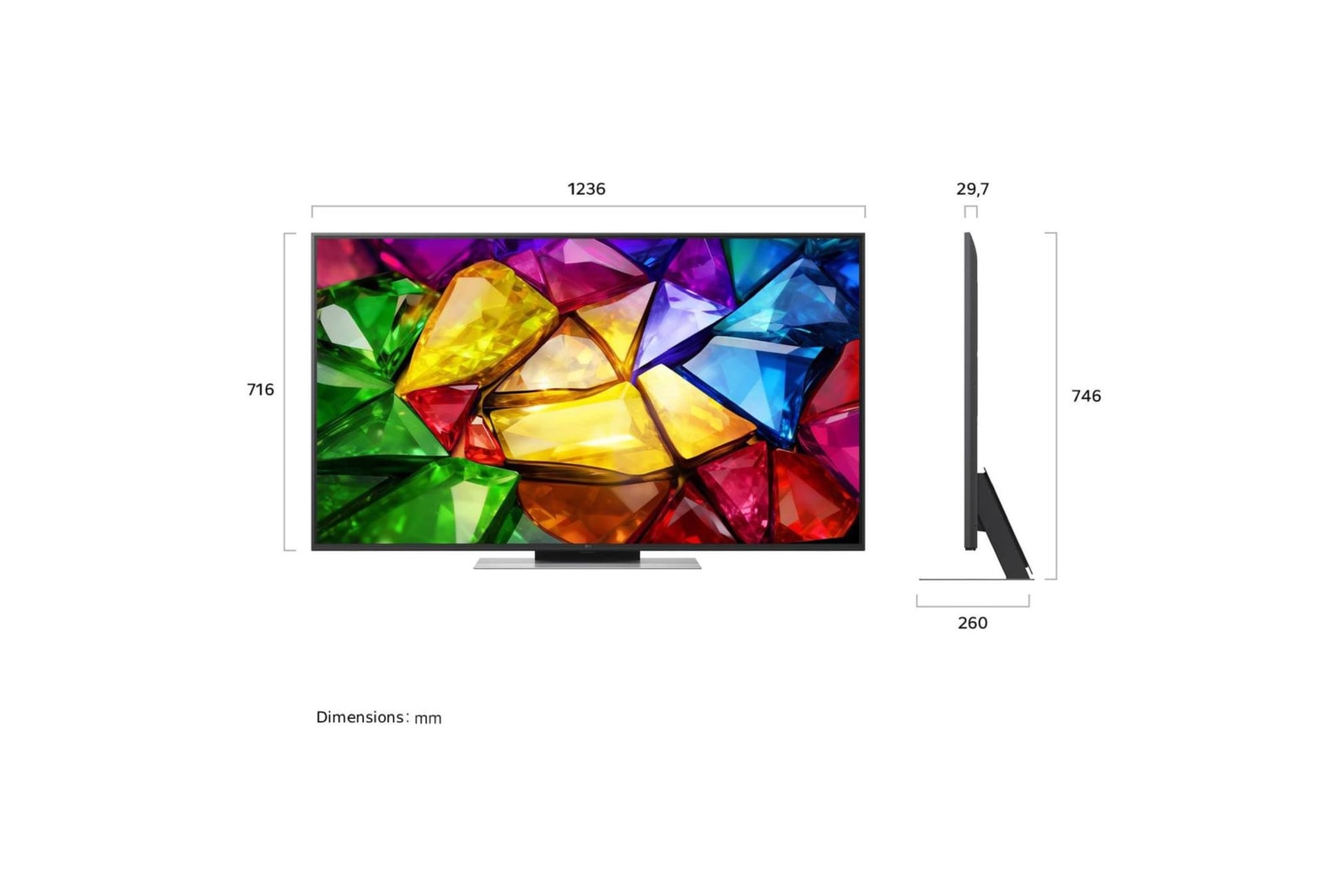 LG Mini RGB evo AI MRGB85 shown in front and side views highlights a 75-inch display with a 1677 mm-wide screen, a 966 mm screen height, a 1032 mm height with stand, a 51.6 mm depth, and a stand footprint measuring 1499 by 359 mm.