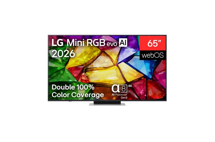 The front view of LG Mini RGB evo AI MRGB85, released in 2026, displays a crystalline image of sharply defined multicolored facets, featuring an 75-inch display, webOS, RGB Primary Color Pro, and the alpha 8 AI Processor 4K Gen3.