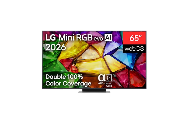 Front view of 65-calowy LG Mini RGB evo AI MRGB85 4K Smart TV 2026 65MRGB86B6A