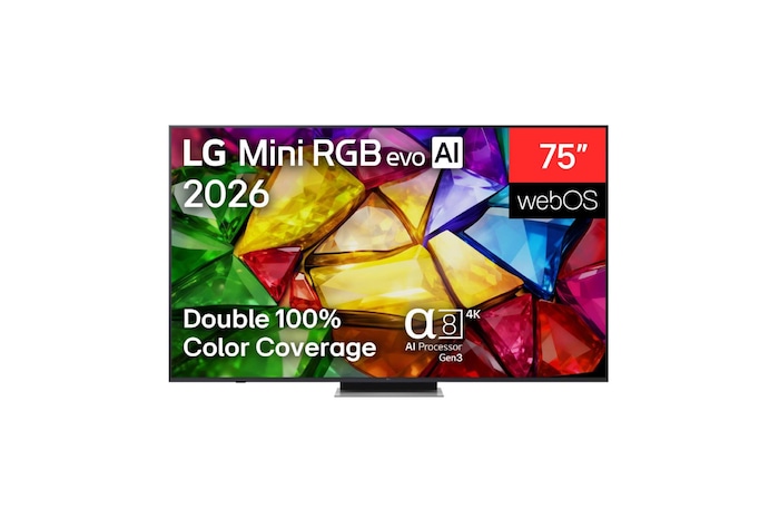 The front view of LG Mini RGB evo AI MRGB85, released in 2026, displays a crystalline image of sharply defined multicolored facets, featuring an 75-inch display, webOS, RGB Primary Color Pro, and the alpha 8 AI Processor 4K Gen3.