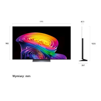 LG OLED evo AI C6 – widok z przodu i z boku – prezentuje 77-calowy ekran o szerokości 1711 mm, całkowitej wysokości 982 mm oraz ultrasmukłej głębokości 47,1 mm bez podstawy.