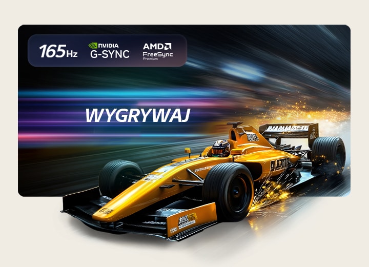 LG OLED evo AI G6 dla bezkonkurencyjnej rozgrywki w 4K 165 Hz pokazuje szybką grę wyścigową z żółtym samochodem z otwartym kołem w ruchu, pogrubionym tekstem "WIN" na ekranie oraz logo NVIDIA G-SYNC i AMD FreeSync Premium u góry. 