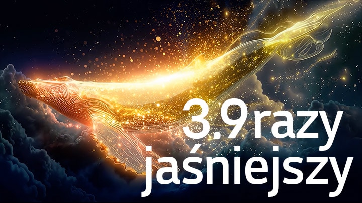 LG OLED evo AI G6 z Brightness Booster Ultra pokazuje ciemną scenę, w której świetliste cząstki otaczają sylwetkę wieloryba, zapewniając nawet 3,9× wyższą szczytową jasność, większą luminancję i wyraźniejsze detale.