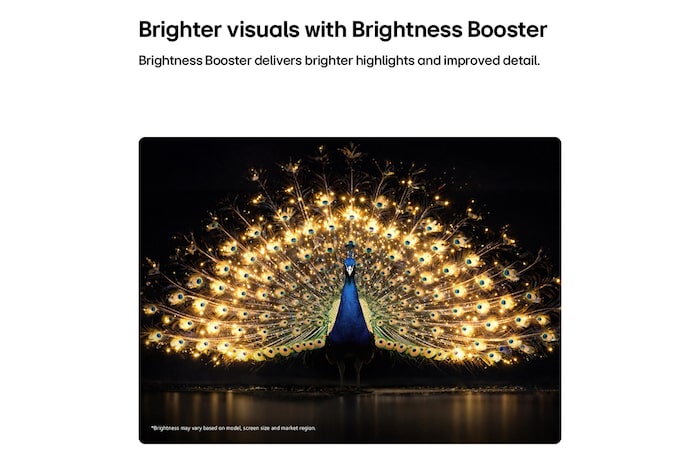 LG OLED evo AI G6 z Brightness Booster pokazuje ciemną scenę, w której świetlisty paw rozkłada promienne, świecące pióra – jaśniejsze rozbłyski, lepsza szczegółowość i mocny kontrast.
