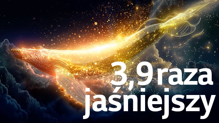 LG OLED evo AI W6 Wallpaper TV z Brightness Booster Ultra pokazuje ciemną scenę, w której świetliste cząstki otaczają sylwetkę wieloryba, zapewniając nawet 3,9× wyższą szczytową jasność, większą luminancję i wyraźniejsze detale.