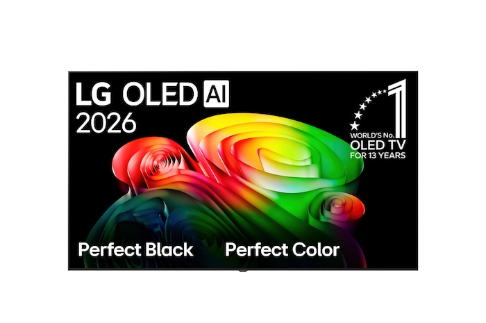 Widok z przodu telewizora LG OLED AI B6, wydanego w 2026 roku, przedstawia obraz warstwowych, wielokolorowych form, z technologią Perfect Black i Perfect Color, a także odznaką OLED TV nr 1 na świecie od 13 lat.