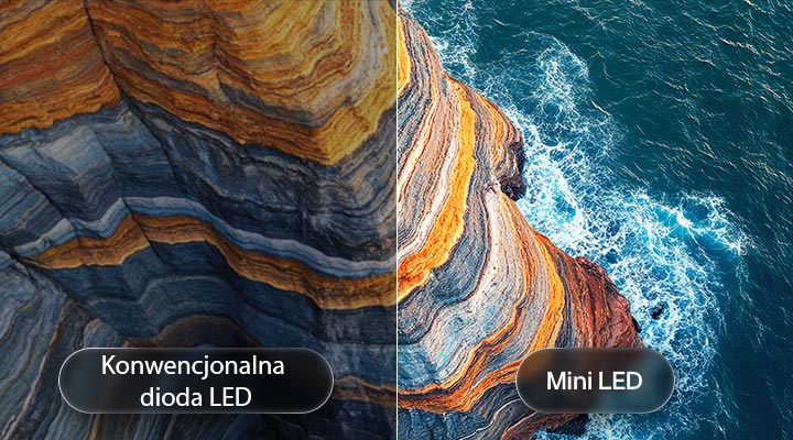 LG QNED evo AI QNED80 Mini LED pokazuje, jak technologia Mini LED ujawnia ostrzejszą fakturę skał i wyraźniejsze detale oceanu niż konwencjonalny LED w podzielonej scenie nadmorskiego klifu, oferując głębszą czerń i bardziej dopracowany kontrast dla większej wyrazistości i głębi.