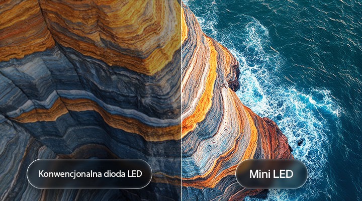 LG QNED AI QNED70 Mini LED pokazuje, jak technologia Mini LED ujawnia ostrzejszą fakturę skał i wyraźniejsze detale oceanu niż konwencjonalny LED w podzielonej scenie nadmorskiego klifu, oferując głębszą czerń i bardziej dopracowany kontrast dla większej wyrazistości i głębi.