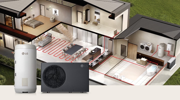 Průřez domem ukazuje systém THERMA V a připojený zásobník na vodu, což ilustruje vytápění a tok teplé vody v celém domě.	