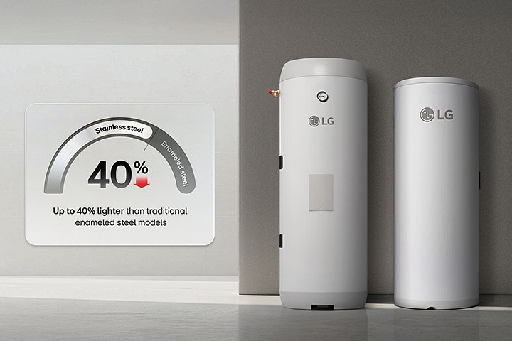 Zásobníky na vodu LG s nerezovými nádržemi jsou až o 40 % lehčí než tradiční modely ze smaltované oceli.	