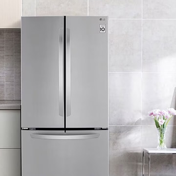 LG French door refrigerator in stainless steel, designed for energy efficiency and large storage capacity with a modern, elegant look.	