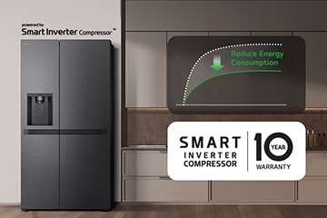 LG's side-by-side refrigerator with Smart Inverter Compressor, shown in a modern kitchen, highlighting reduced energy consumption and 10-year warranty for reliable performance.	