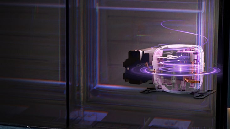 LG refrigerator inverter compressor highlighted with purple glowing effects, showing advanced cooling technology for energy efficiency and durability.	