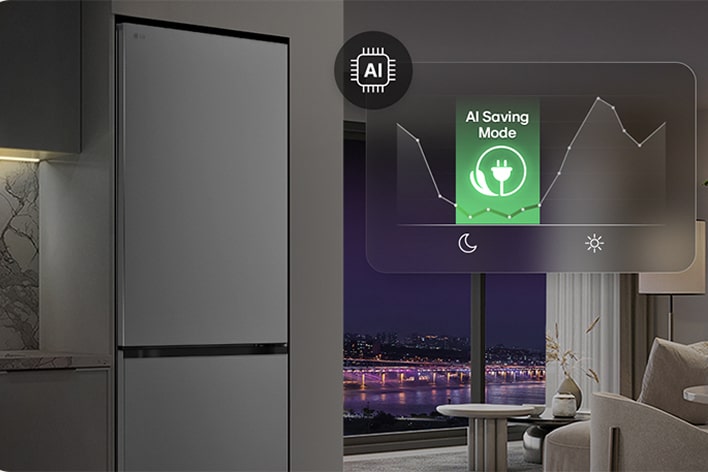 LG refrigerator with AI Saving Mode adjusts cooling at night, reducing energy use while maintaining freshness and efficient performance.	