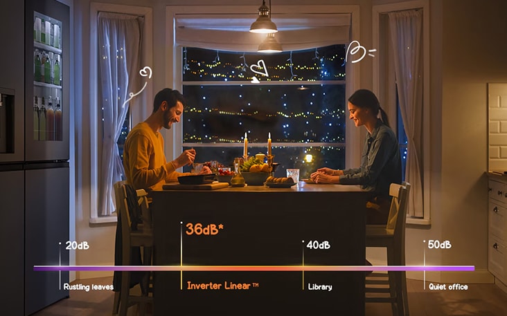 Couple dining peacefully with LG refrigerator using Inverter Linear™ technology at 36dB, quieter than a library, for a calm and quiet kitchen experience.	