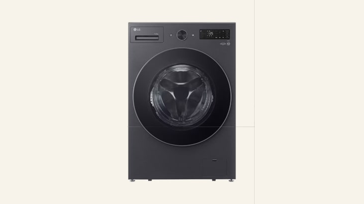 LG front load washer dryer combo in sleek dark finish designed for efficient washing and drying in one machine