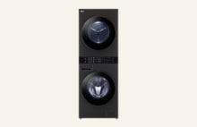 LG WashTower WK13010BST in sleek black design featuring stacked washer and dryer