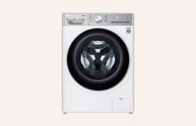 LG front load washer dryer combo WSV1208WHT in white finish featuring AI Direct Drive technology for precise fabric care