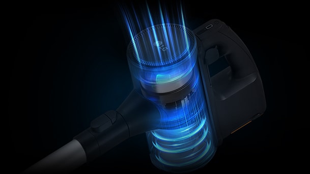LG cordless vacuum motor close-up, black housing with blue airflow lines in a dark background.