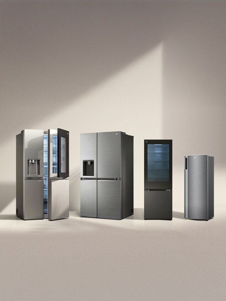 Four LG refrigerator freezers in the sun. Left multi-door refrigerator with side-by-side and two-door one-door models next to it.