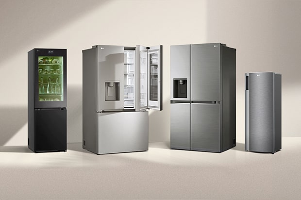 Four refrigerators standing in a row: a black Bottom Freezer unit with a Instaview door, a silver French Door fridge with open upper doors, a dark grey Side by Side fridge with a dispenser, and a compact silver 1-Door fridge.	