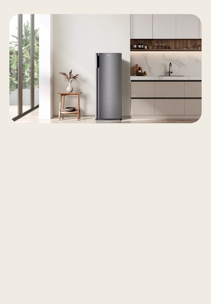 1-door LG tall refrigerator freezer in white minimal white tone kitchen.