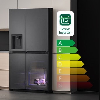 LG energy-efficient fridge freezer with Smart Inverter motor and top energy rating label, highlighting cost-saving and eco-friendly performance.