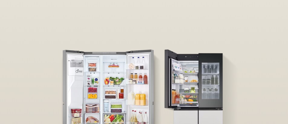 Two LG fridge freezers side by side with doors open. The left is fully open, the right InstaView model shows groceries inside. American style and Multi-Door Fridge Freezers text appears in the top left.