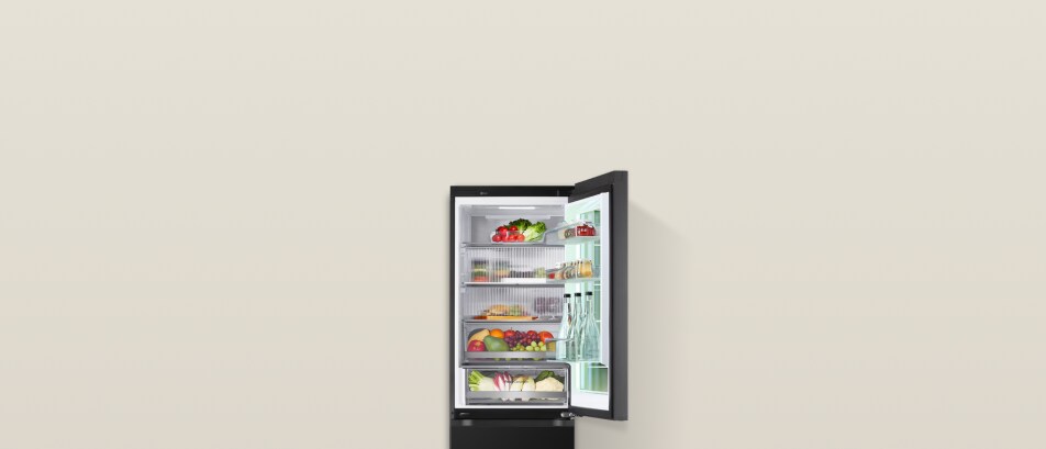 Black LG fridge freezer with doors open, showing neatly arranged food and drinks. Text Tall fridge freezers appears in the top left.