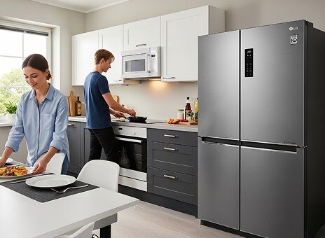 Large dark graphite LG fridge freezer with spacious storage in a stylish kitchen. A man is cooking while a woman places a finished dish on the table beside the fridge.