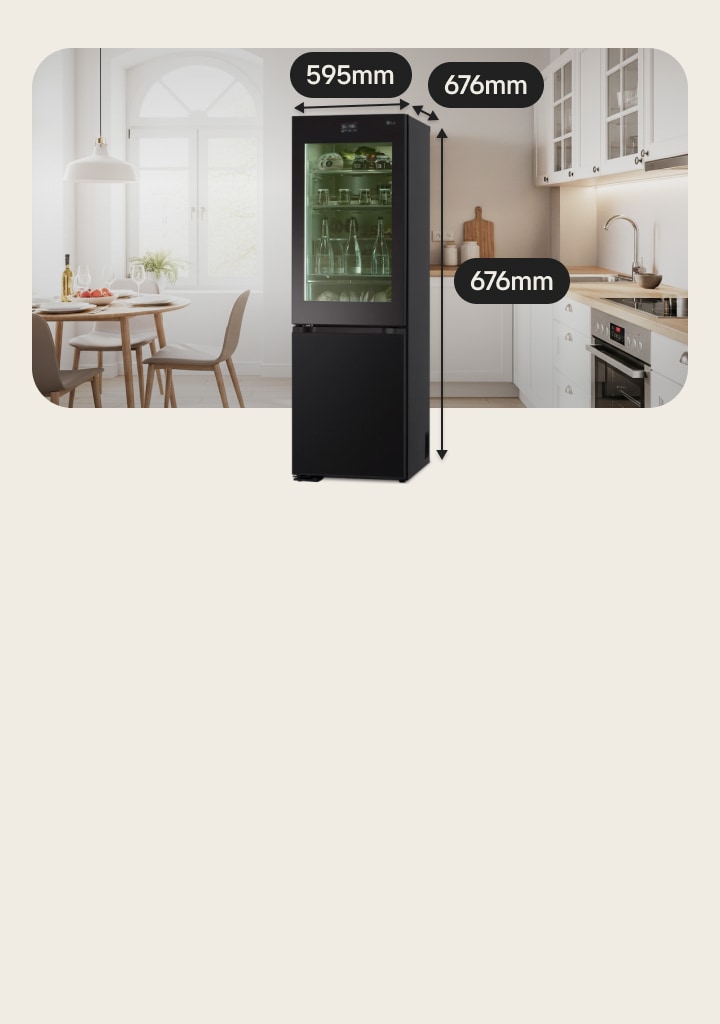 Compact LG fridge freezer with a green-lit transparent door, showing water bottles and groceries inside. Behind the fridge is a white-toned modern kitchen.