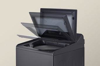 LG top load washer with the lid shown in stages of soft closing for safety and ease